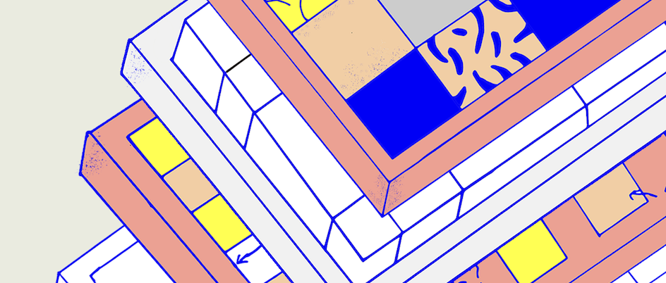 a drawing of colourful blocks and keyboard parts stacked on each other