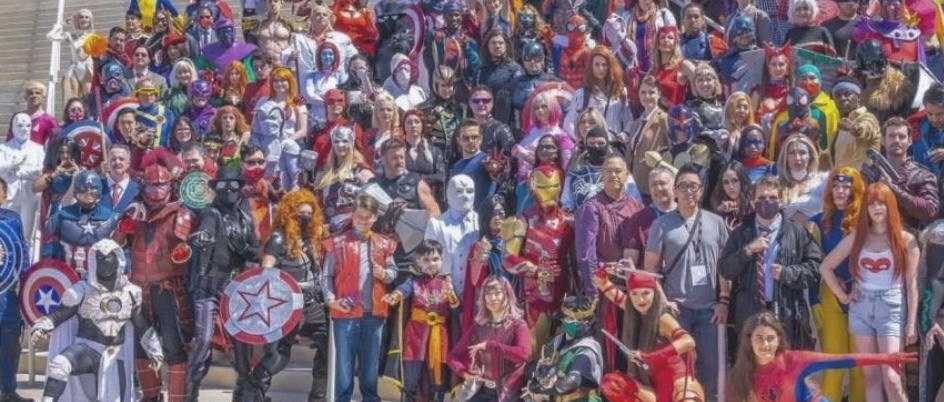 a drawing of fans and cosplayers gathered in a crowd