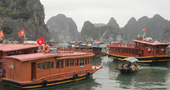 Traditional junk boats in Vietnam's Halong Bay