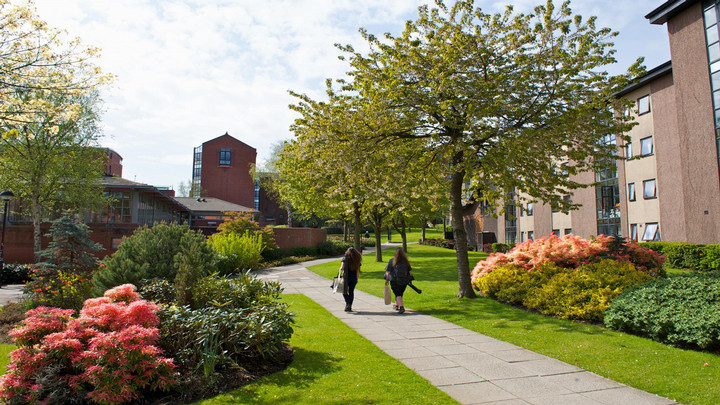 Two students walk beneath a tree along a path surrounded by flowers and vegetation. Birbeck Court university accommodations appear on either side