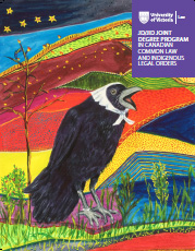 Painting of a raven with colourful fields in the backgroun