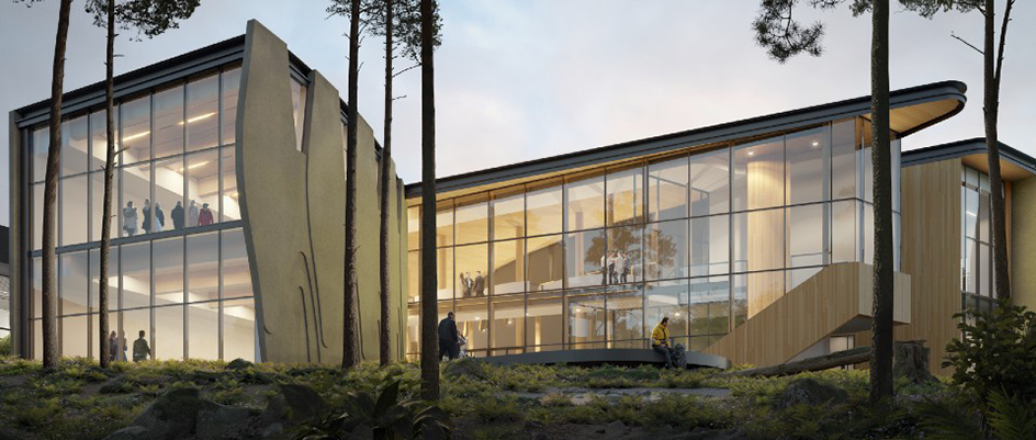 Rendering of the back of the National Centre for Indigenous Laws as seen from the woods.
