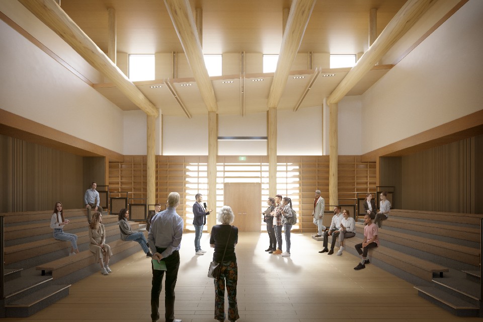Rendering of large gathering space in the National Centre for Indigenous Laws