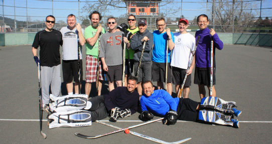 Alumni and friends play in Ball Hockey Game 