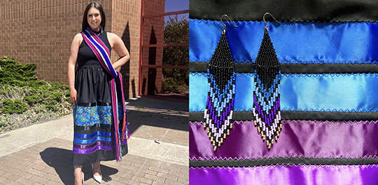A student poses wearing a traditional ribbon skirt