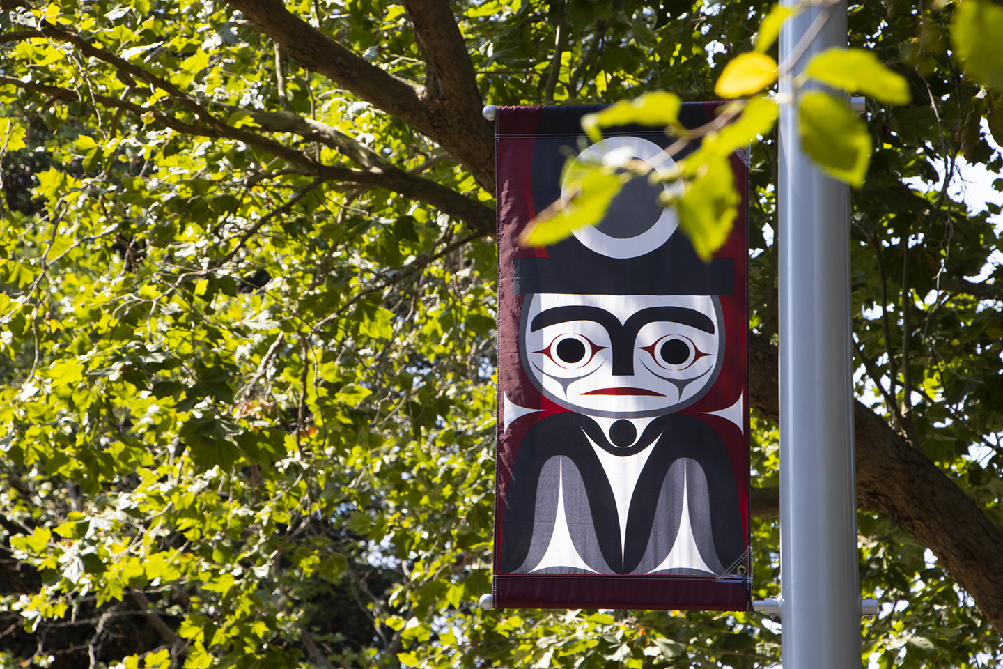 a Coast Salish banner with the design of a welcome figure with arms down with a background of trees
