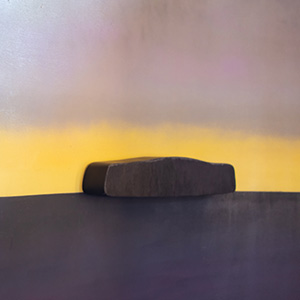 detail of painting of sunset and carving of island