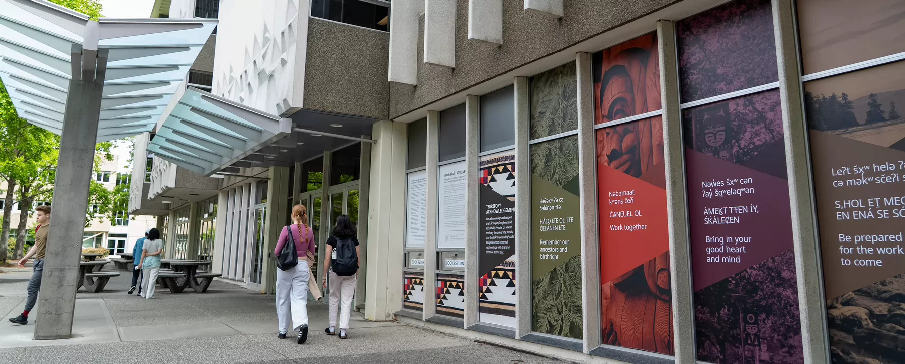 Panels on library building with Indigenous teachings and territory acknowledgment