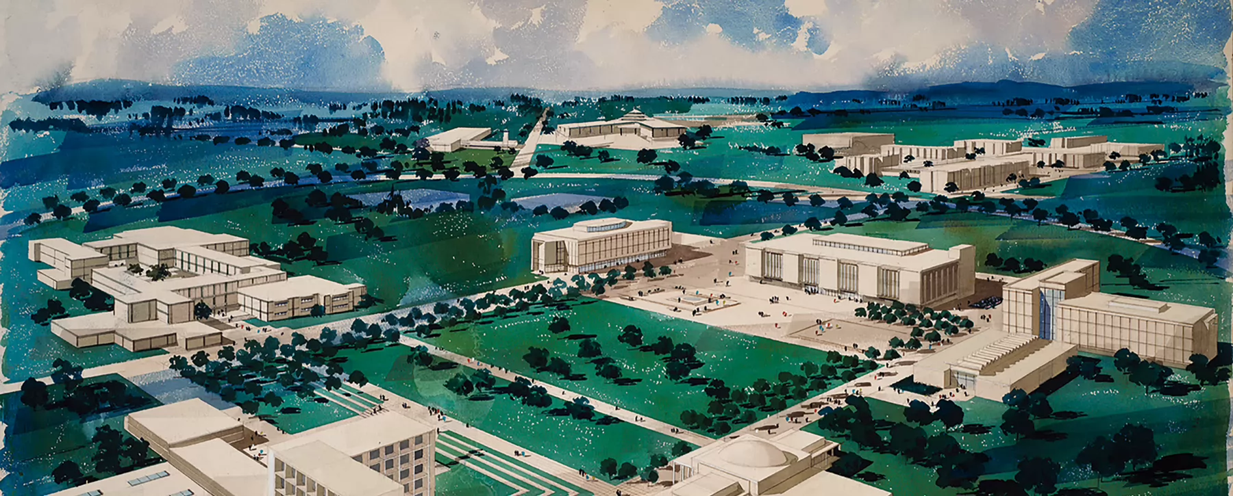 Watercolour aerial view of UVic campus in the 1960s