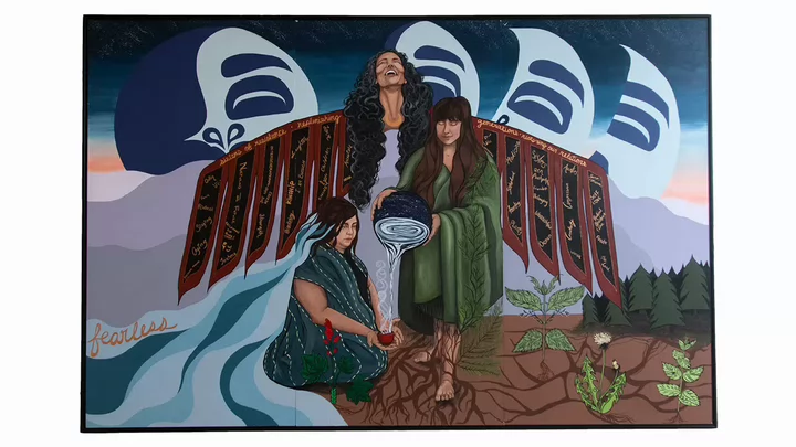 Painting depicting three women with land and sea in the background