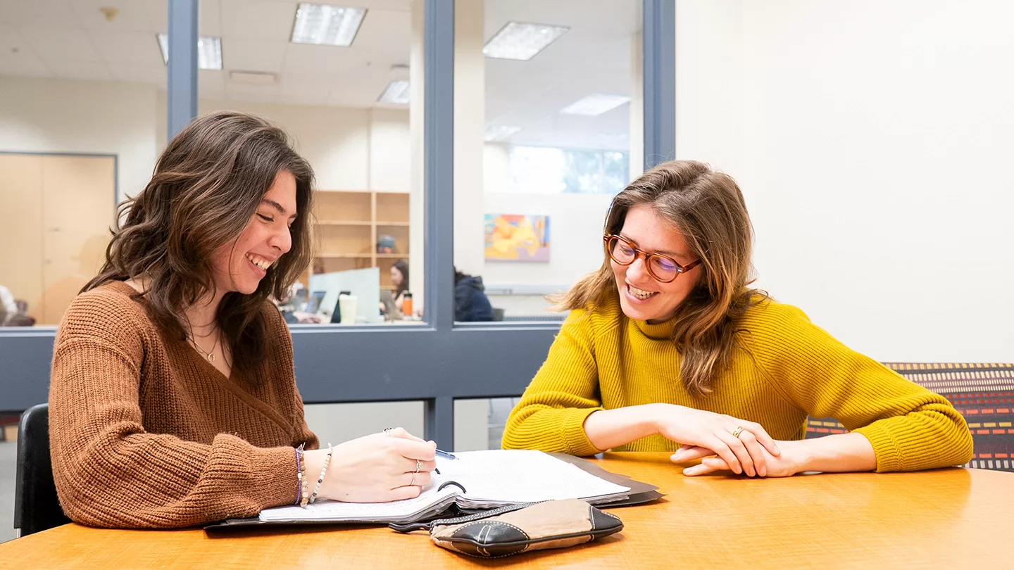 A librarian and a student sitting in a group study room.