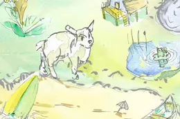 An illustration of summer time with a beach and a dog.