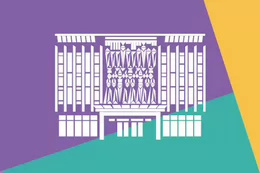 Colourful illustration of the library building