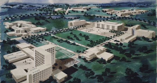 Overhead watercolour of the University of Victoria campus.