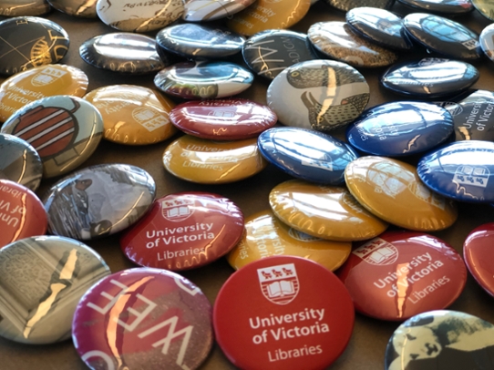 An assortment of colourful buttons representing the UVic Libraries.