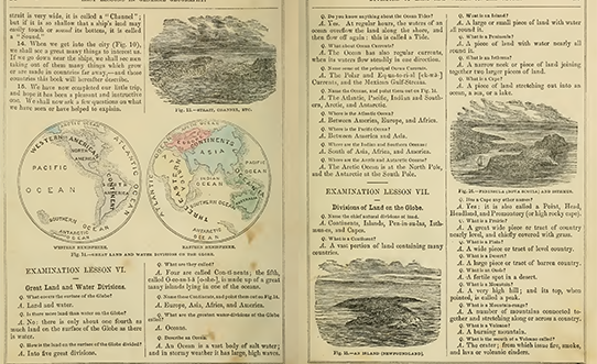 Textbook pages with series of questions and answers and small illustrations of landscapes