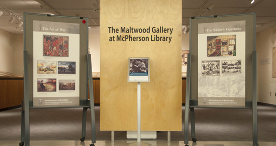 The World of Mary’s Wedding: Reminiscences of World War I was displayed from October to November 2011 in the Maltwood Gallery, located on the lower level of the McPherson Library, pictured above—supported by the National Archival Development Program of Library and Archives Canada and the Canadian Council of Archives.