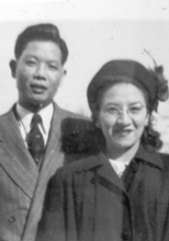 black and white photo of Gladys Nipp and Stephen Mah Black-and-white portrait of Stephen Mah and Gladys Nipp dressed formally
