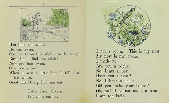 Textbook pages with children's poetry and colour illustrations of the poems