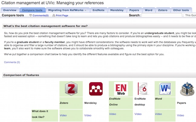 screen shot of libguide for citation management tools