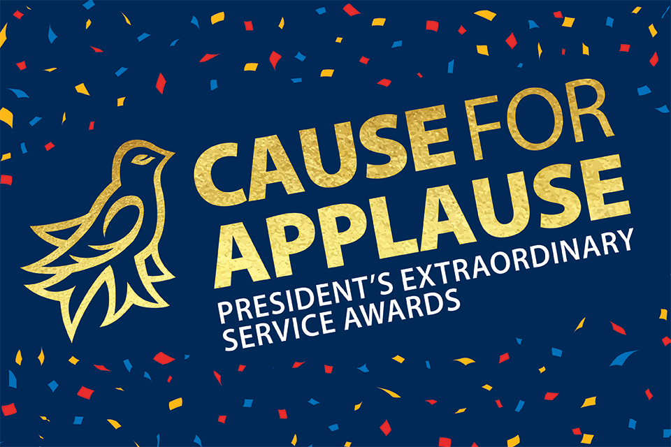 Cause for Applause graphic with a gold martlet and confetti