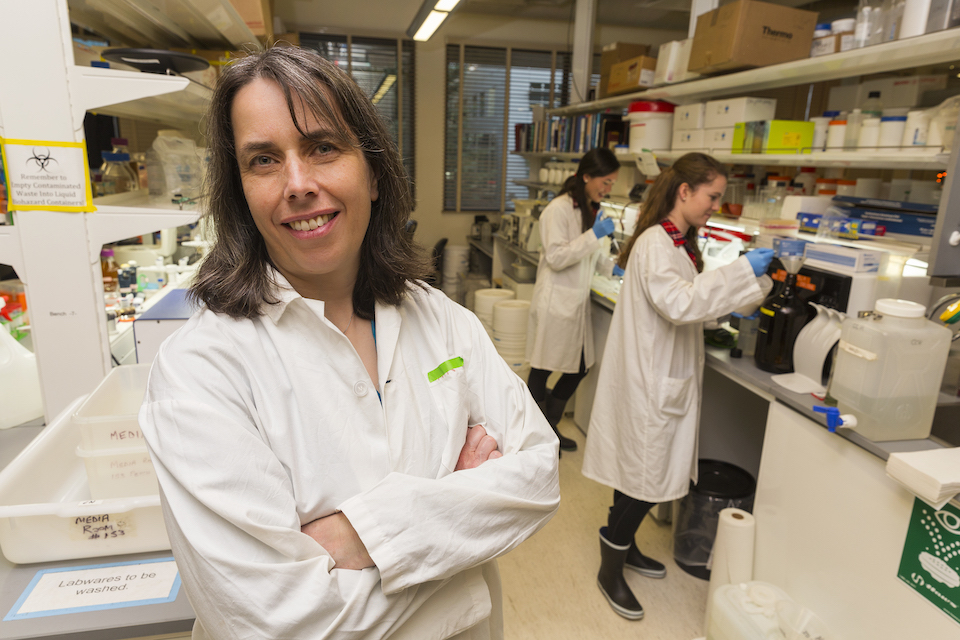 Caren Helbing in the lab with students