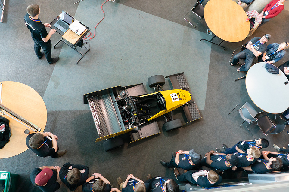 UVic students on the Formula Motorsport team present their vehicle being taken to competition in Michigan.