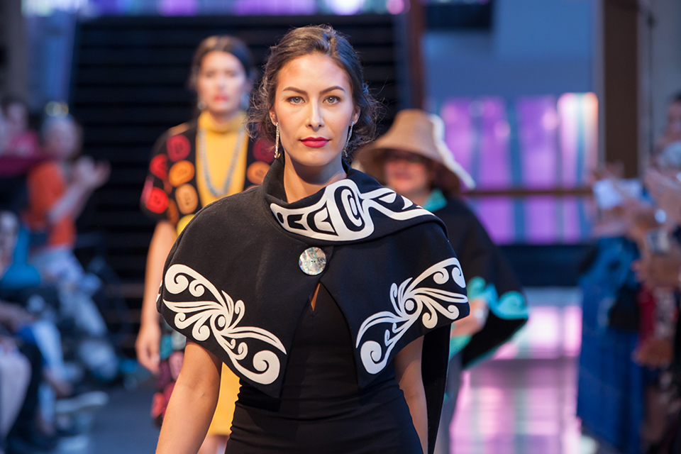 All photos by Peter Jensen of designs by Gitxan couturier Yolonda Skelton, whose traditional name is Sug-ii-t Lukxs, featured on the runway at Vancouver Indigenous Fashion Week in 2017.