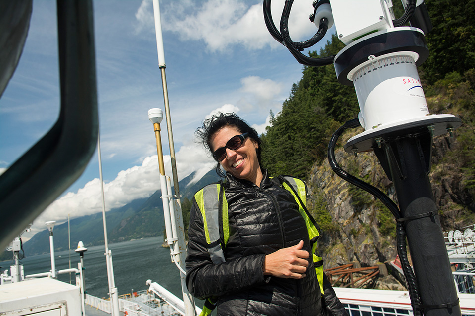 Maycira Costa, UVic researcher, aboard a research vessel on the ocean
