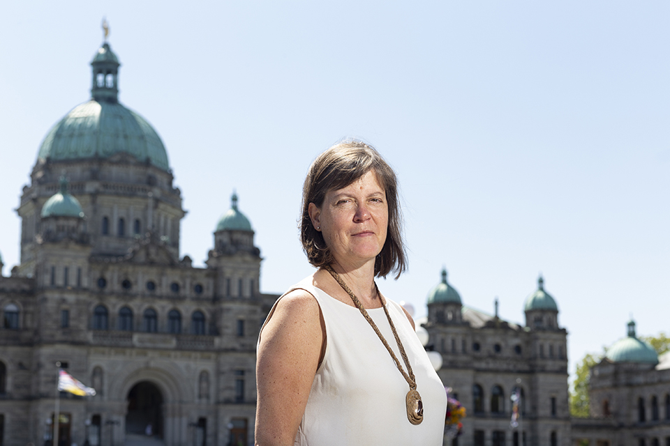 Penny Bryden outside the BC legislature in August 2019.