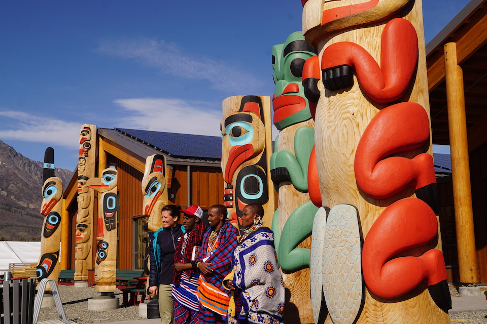 Crystal Tremblay, Samwel Nangiria Taresero, Nalaimuta Oletutayo Makeseni and Mark Leshao Talash at Carcross-Tagish First Nations Cultural Centre during a two-day visit with the Nation.