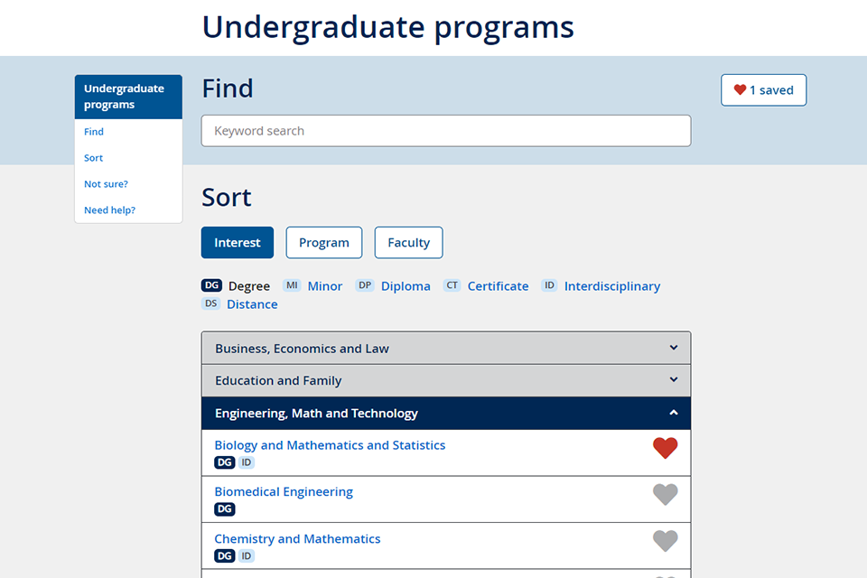 Screenshot of UVic's new undergraduate programs page