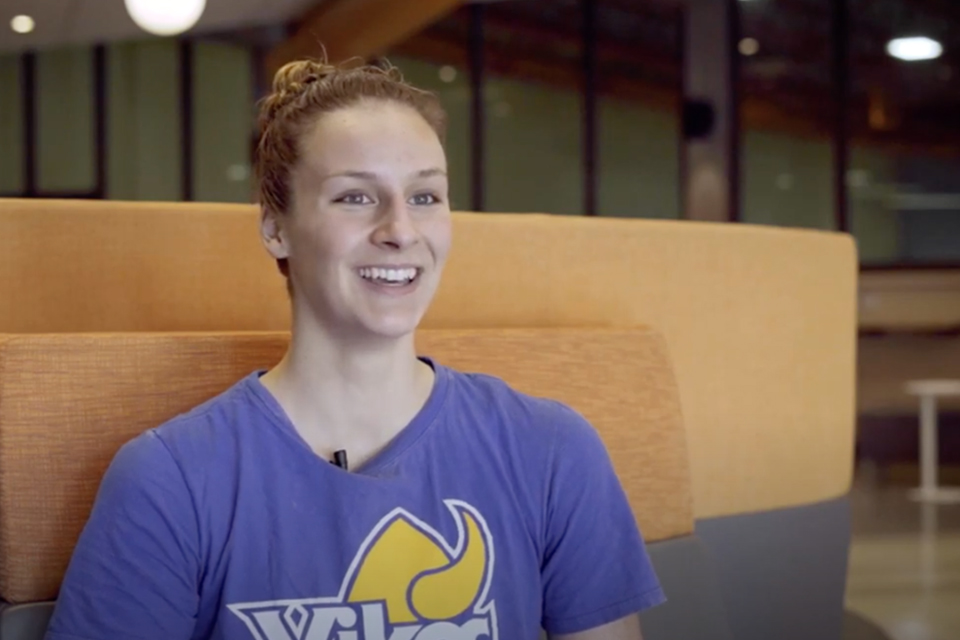 Danielle Hanus sits in the McKinnon building during an interview