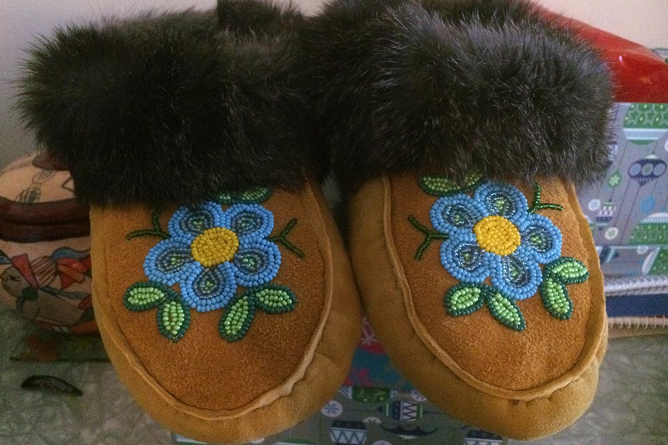 A pair of moccasins made by Shawna Bowler