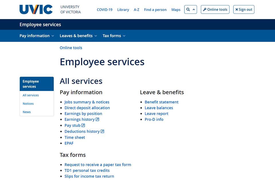 screenshot of the new Employee online tools page