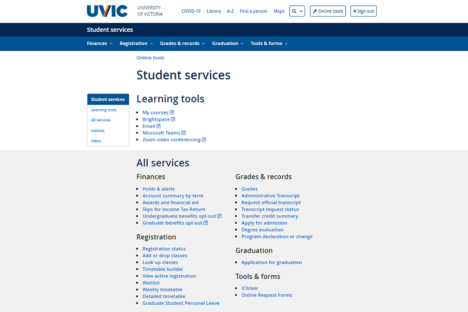 Screenshot of the new Student online tools page