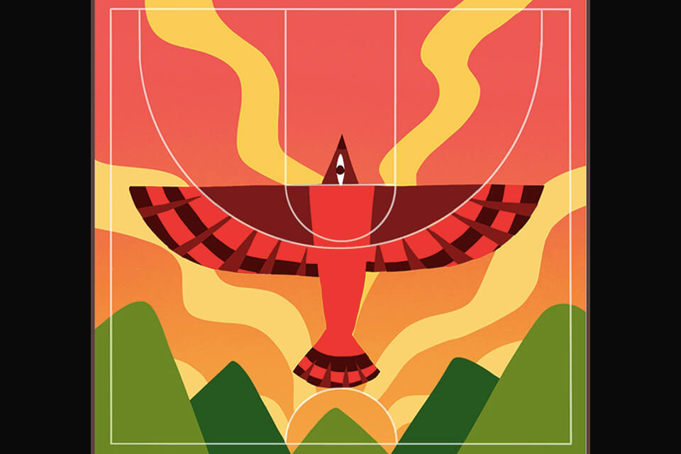 Graphic image of hawk with mountains and sun court design for We the West Basketball Festival
