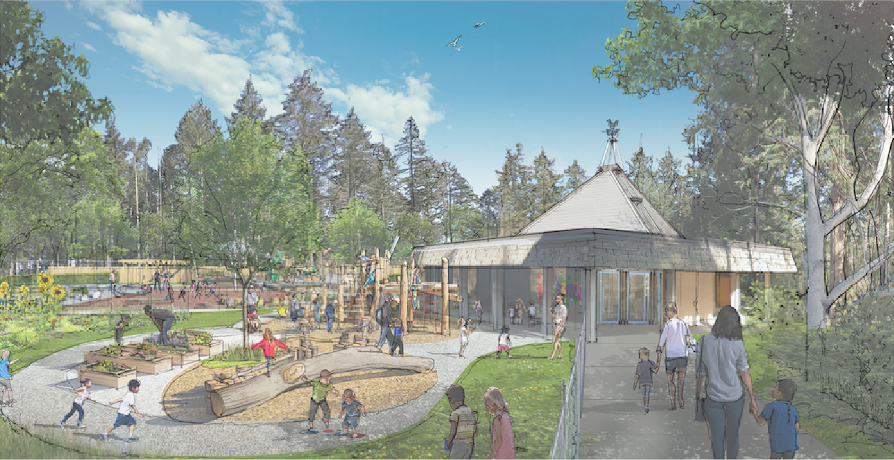 ​Artist rendering of the planned child care centre at UVic’s Queenswood Campus. Credit: Cascadia Architects