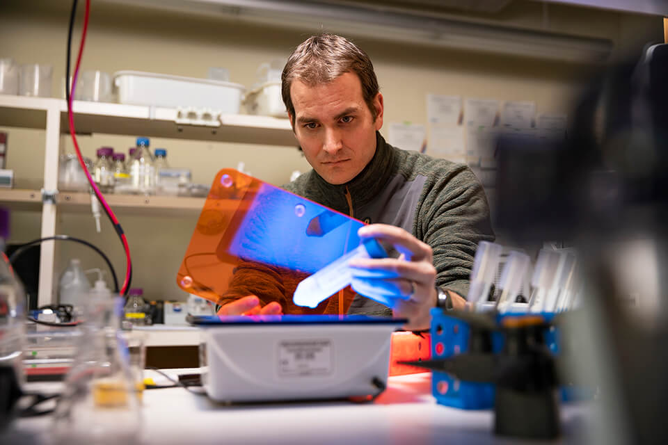 John Burke looks at object in lab.