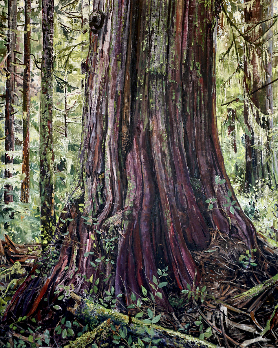 A close-up of a black cedar as brushstrokes because it is an oil painting on canvas