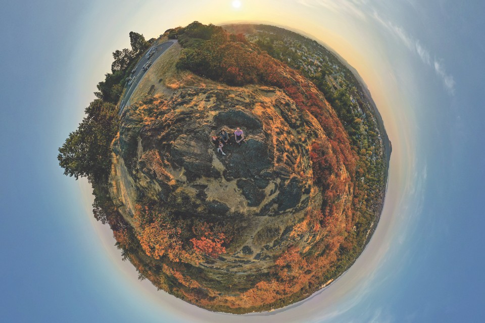Drone image of UVic researchers at top of Mt. Tolmie in Victoria