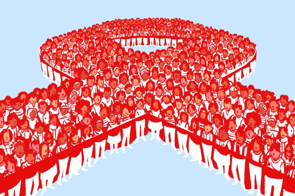 Graphic of people standing together in shape of red ribbon