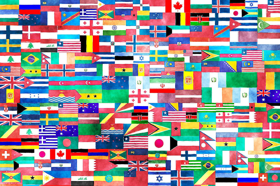 A full-screen array of international flags