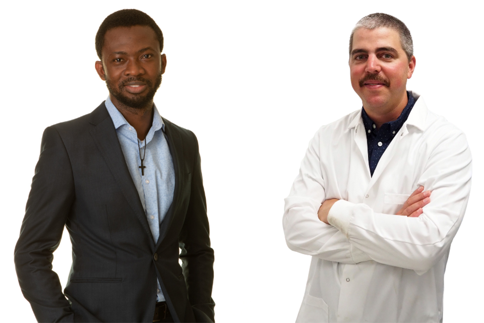 At left, Adedapo Awolayo, a man wears a suit jacket; at right, Benjamin Tutolo, wears a lab coat. 