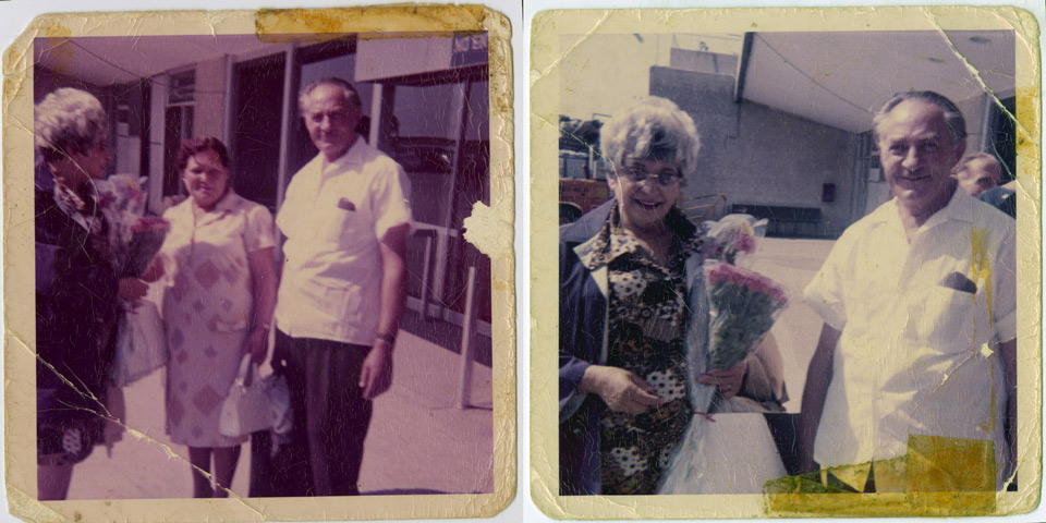 Family photos of Abram's grandmother reuniting with her brother Moshe Itzak and his wife Seindla.