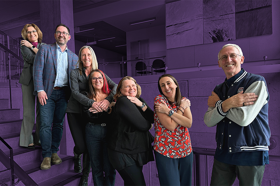  UVic leadership team posing for the IWD 2023 theme #embraceequity.   Top left to right: Elizabeth Croft, ç, Kristi Simpson, Qwul'sih'yah'maht Robina Thomas, Lisa Kalynchuk, Carrie Andersen, Kevin Hall. Credit: Office of the President at UVic.