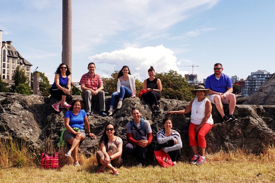 July 2019: Original cohort on decolonial walk with Songhees community member Mark Albany. (Credit: M. Albany)