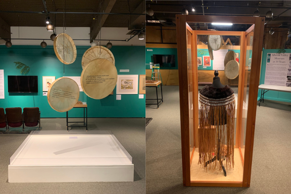 Exhibition pieces: “Family Shawl” (right) and “The Silent Song That Was Not Written” (left) 