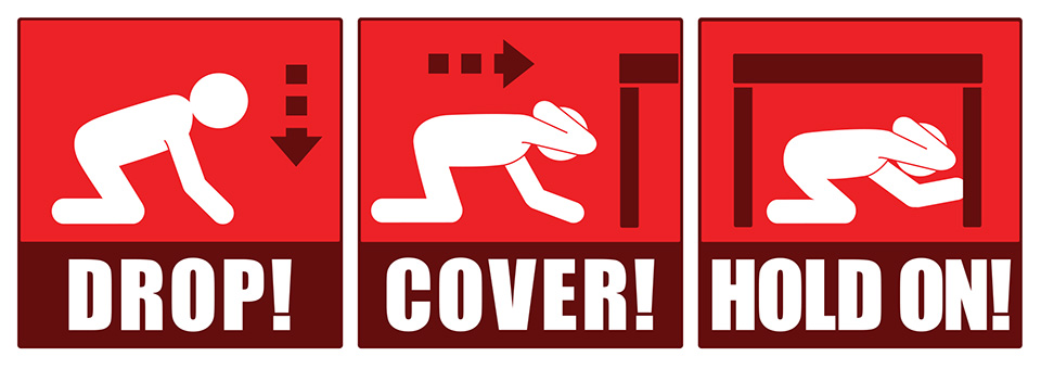 Graphics depict drop, cover and hold on
