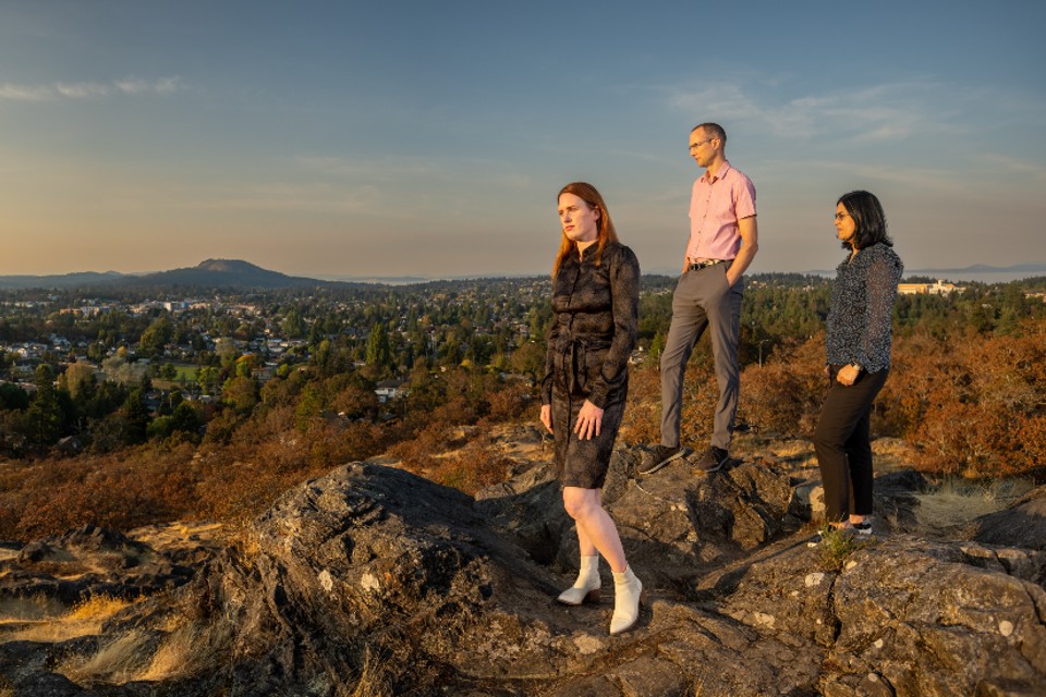 (L-R) UVic researchers Tamara Krawchenko, Curran Crawford, Basma Majerbi. Credit: UVic Photo Services